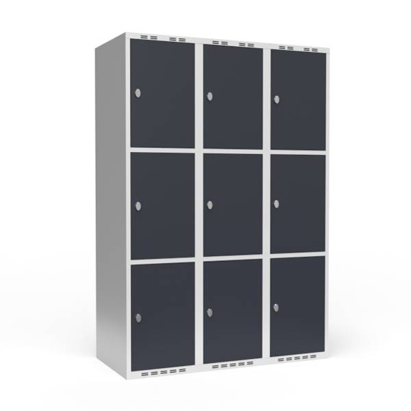 Garderobeskab 3x400mm med lige tag, 3 rum i h&oslash;jden med antracit d&oslash;re og greb til h&aelig;ngel&aring;se