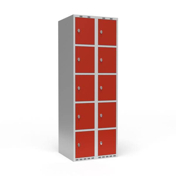 Garderobeskab 2x300mm med lige tag, 5 rum i h&oslash;jden med r&oslash;de d&oslash;re og greb til h&aelig;ngel&aring;se