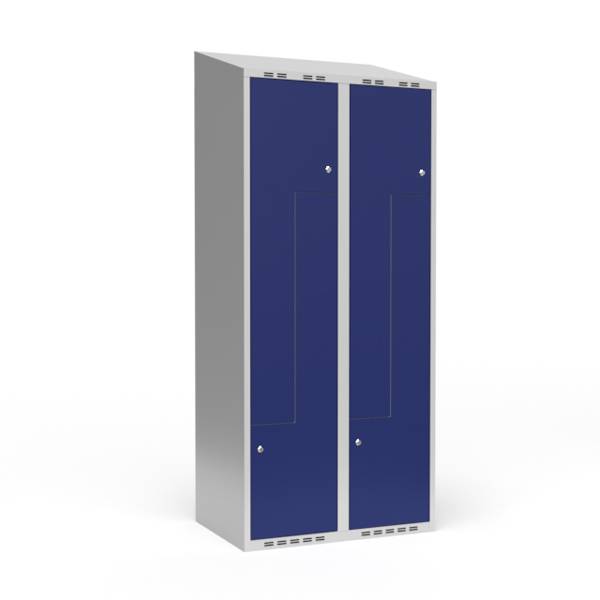 Garderobeskab 2x400mm med skr&aring;t tag, 2 delt Z-d&oslash;re i bl&aring; med cylinderl&aring;se