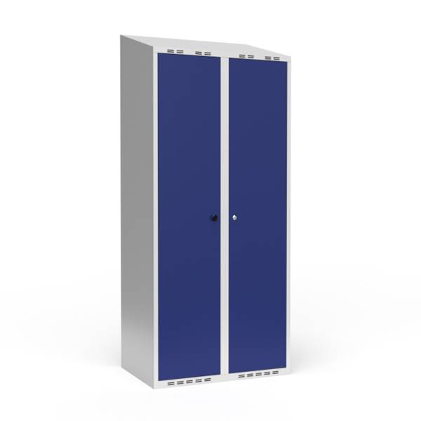 Garderobeskab 2x400mm, skråt tag, døre i blå med cylinderlås
