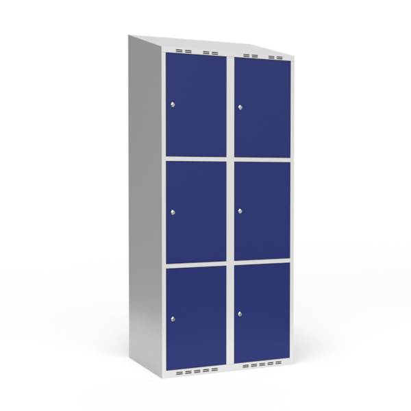 Garderobeskab 2x400mm med skr&aring;t tag, 3 rum i h&oslash;jden med bl&aring; d&oslash;re og cylinderl&aring;se