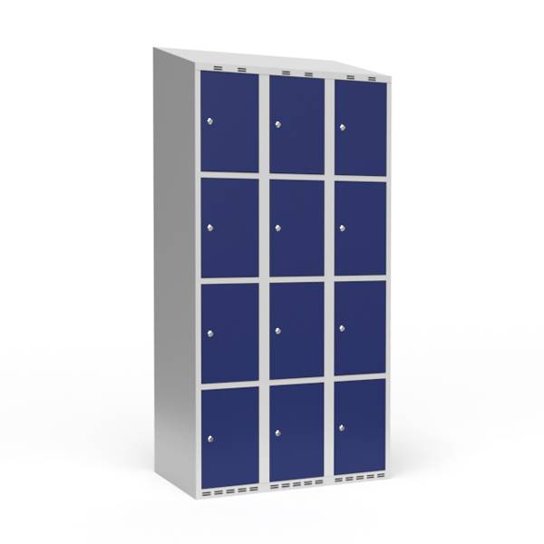 Garderobeskab 3x300mm med skråt tag, 4 rum i højden med blå døre og cylinderlåse