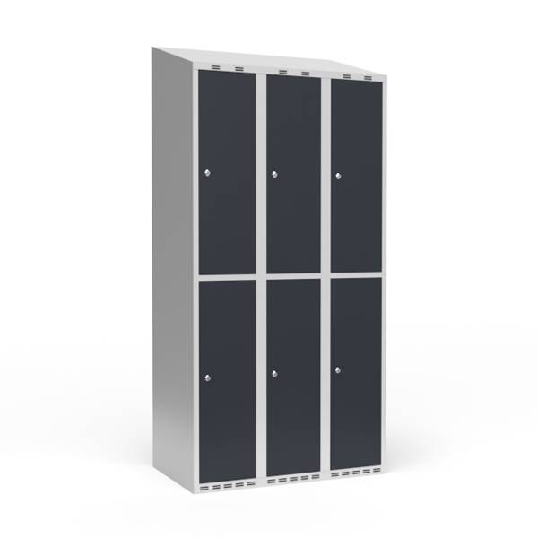Garderobeskab 3x300mm med skråt tag, 2 rum i højden med antracit døre og cylinderlåse