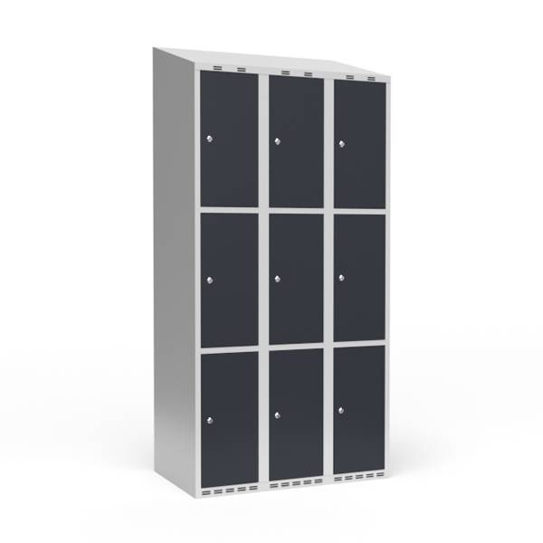 Garderobeskab 3x300mm med skr&aring;t tag, 3 rum i h&oslash;jden med antracit d&oslash;re og cylinderl&aring;se