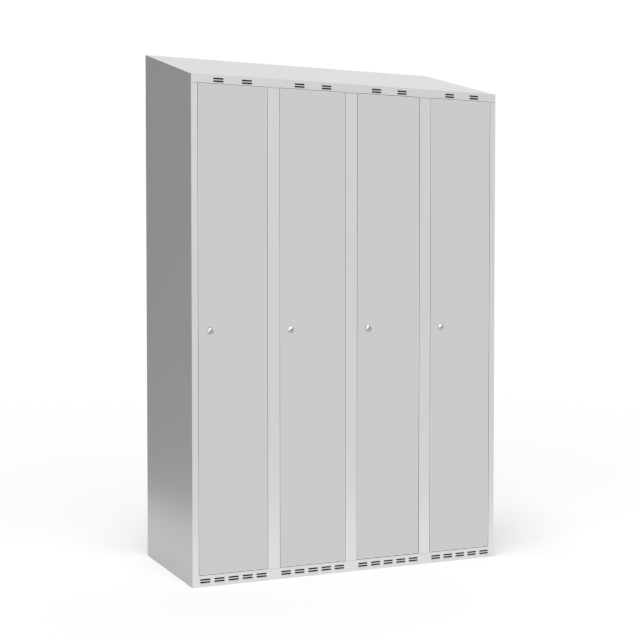 Garderobeskab 4x300mm med skråt tag, døre i lys grå med cylinderlåse