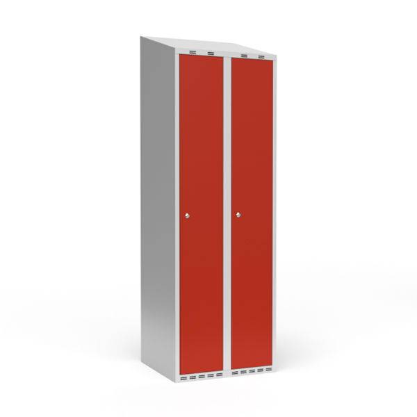 Garderobeskab 2x300mm med skr&aring;t tag, d&oslash;re i r&oslash;d med cylinderl&aring;se