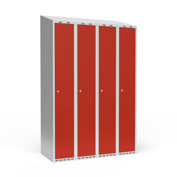 Garderobeskab 4x300mm med skr&aring;t tag, d&oslash;re i r&oslash;d med cylinderl&aring;se