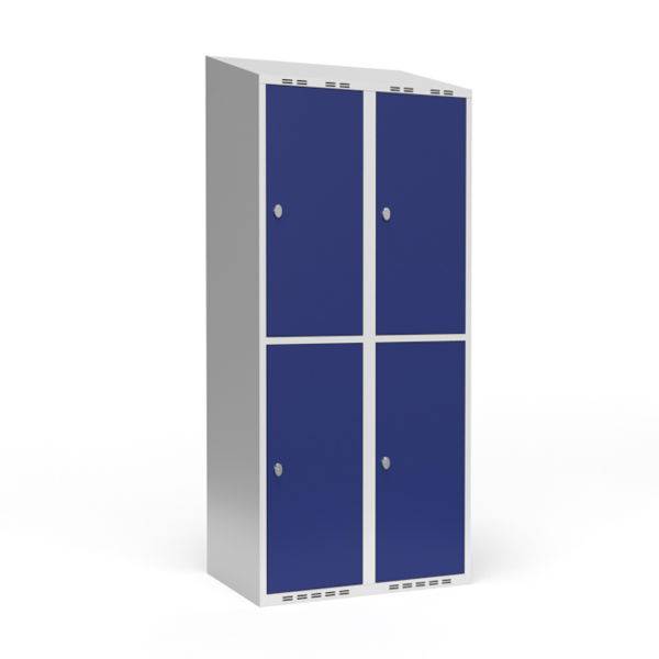 Garderobeskab 2x400mm med skr&aring;t tag, 2 rum i h&oslash;jden med bl&aring; d&oslash;re og greb til h&aelig;ngel&aring;se