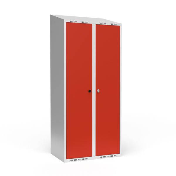 Garderobeskab 2x400mm, skr&aring;t tag, d&oslash;re i r&oslash;d med cylinderl&aring;s