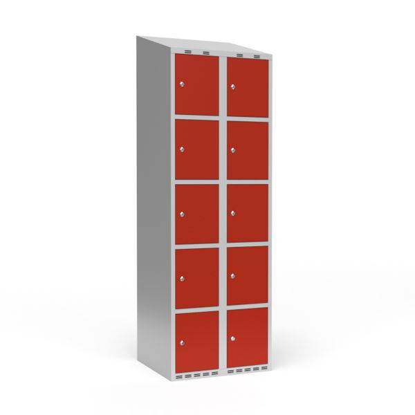 Garderobeskab 2x300mm med skr&aring;t tag, 5 rum i h&oslash;jden med r&oslash;de d&oslash;re og cylinderl&aring;se 