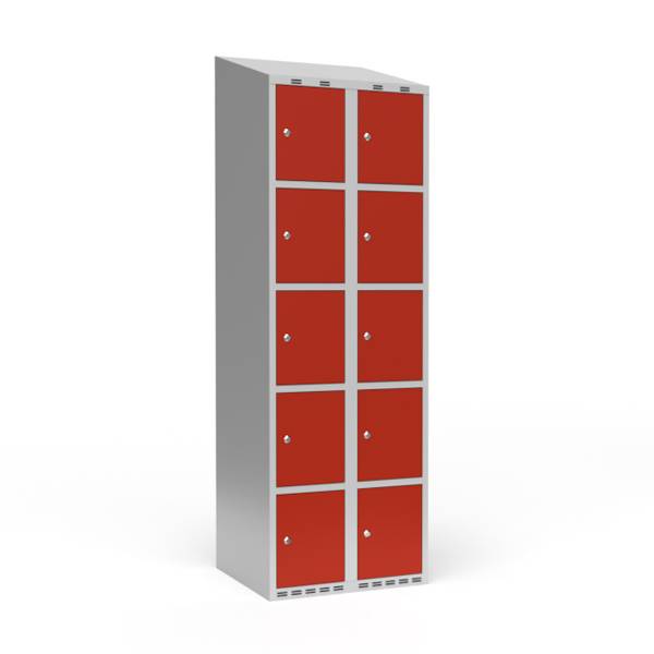 Garderobeskab 2x300mm med skr&aring;t tag, 5 rum i h&oslash;jden med r&oslash;de d&oslash;re og cylinderl&aring;se 
