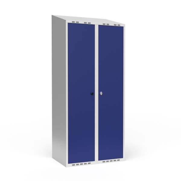 Garderobeskab 2x400mm, skråt tag, døre i blå, greb til hængelås