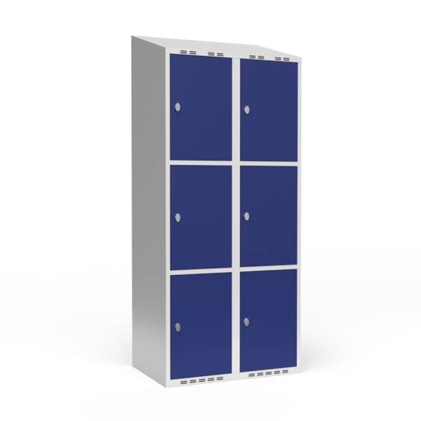 Garderobeskab 2x400mm med skr&aring;t tag, 3 rum i h&oslash;jden med bl&aring; d&oslash;re og greb til h&aelig;ngel&aring;se