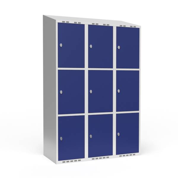 Garderobeskab 3x400mm med skr&aring;t tag, 3 rum i h&oslash;jden med bl&aring; d&oslash;re og greb til h&aelig;ngel&aring;se