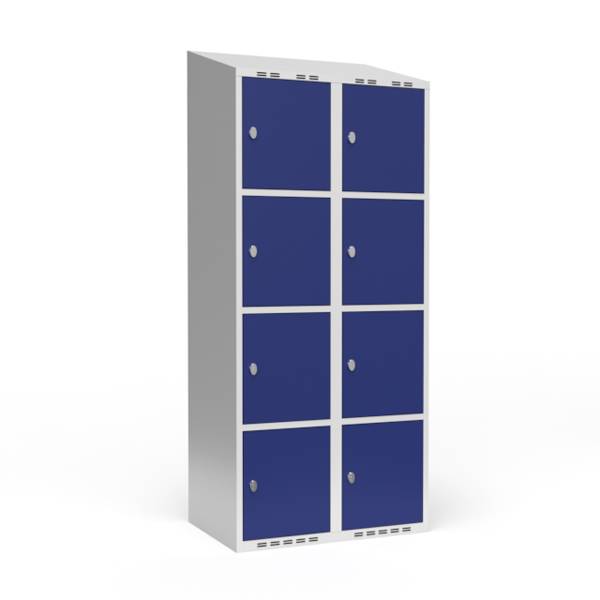 Garderobeskab 2x400mm med skr&aring;t tag, 4 rum i h&oslash;jden med bl&aring; d&oslash;re og greb til h&aelig;ngel&aring;se