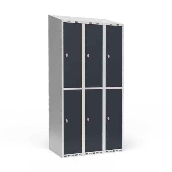 Garderobeskab 3x300mm med skråt tag, 2 rum i højden med antracit døre og greb til hængelåse