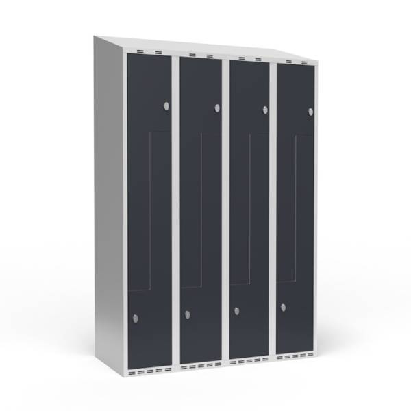 Garderobeskab 4x300mm med skråt tag, 2 delt Z-døre i antracit med greb for hængelåse