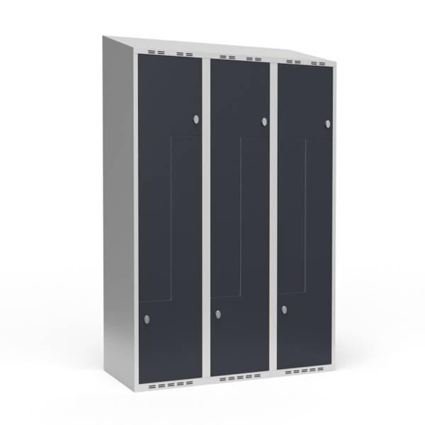 Garderobeskab 3x400mm med skråt tag,  2 delt Z-døre i antracit med greb for hængelåse