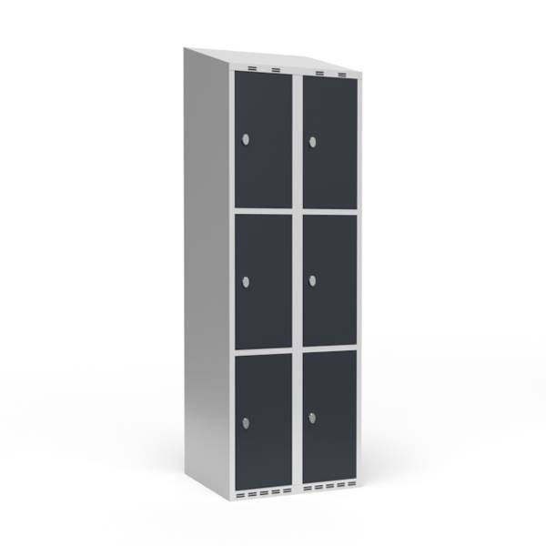 Garderobeskab 2x300mm med skr&aring;t tag, 3 rum i h&oslash;jden med antracit d&oslash;re og greb til h&aelig;ngel&aring;se