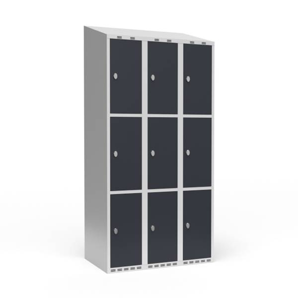 Garderobeskab 3x300mm med skråt tag, 3 rum i højden med antracit døre og greb til hængelåse