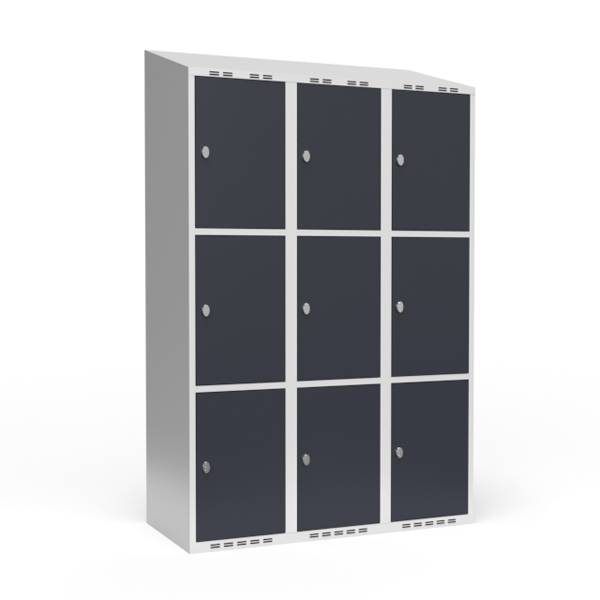 Garderobeskab 3x400mm med skråt tag, 3 rum i højden med antracit døre og greb til hængelåse