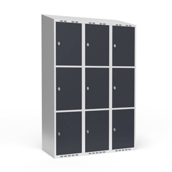 Garderobeskab 3x400mm med skr&aring;t tag, 3 rum i h&oslash;jden med antracit d&oslash;re og greb til h&aelig;ngel&aring;se