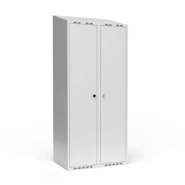 Garderobeskab 2x400mm, skr&aring;t tag, d&oslash;re i lys gr&aring;, greb til h&aelig;ngel&aring;s