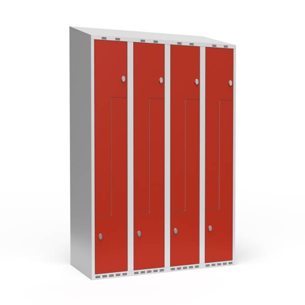 Garderobeskab 4x300mm med skr&aring;t tag, 2 delt Z-d&oslash;re i r&oslash;d med greb for h&aelig;ngel&aring;se