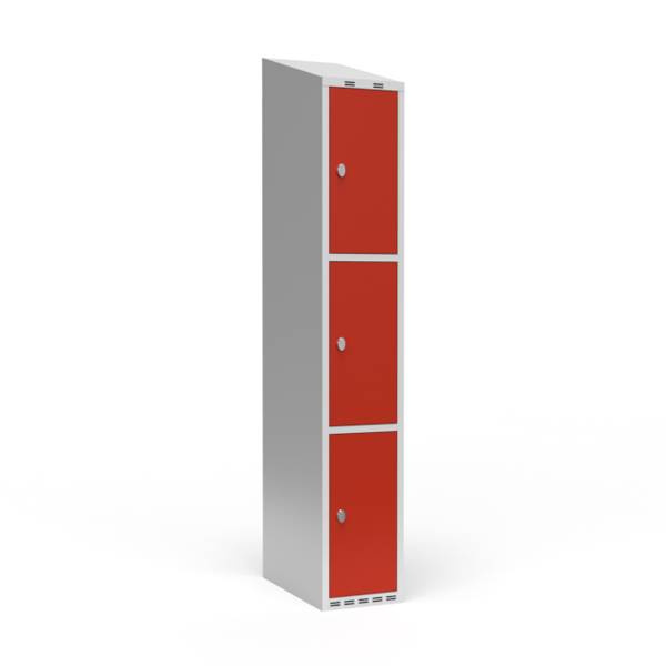 Garderobeskab 1x300mm med skr&aring;t tag, 3 rum i h&oslash;jden med r&oslash;de d&oslash;re og greb til h&aelig;ngel&aring;se