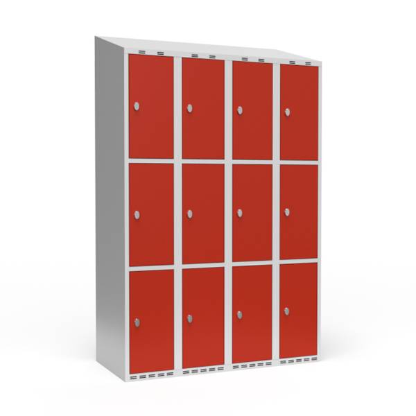 Garderobeskab 4x300mm med skr&aring;t tag, 3 rum i h&oslash;jden med r&oslash;de d&oslash;re og greb til h&aelig;ngel&aring;se