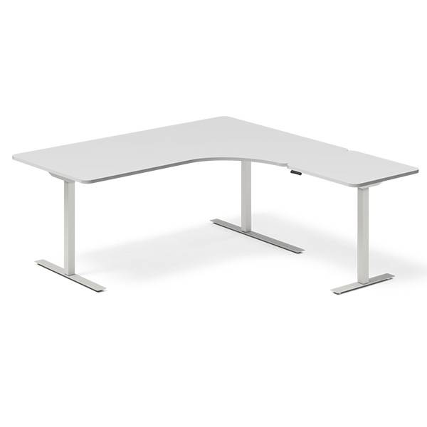 Office hæve-sænkebord 180x180cm i lys grå med alugråt stel højrevendt