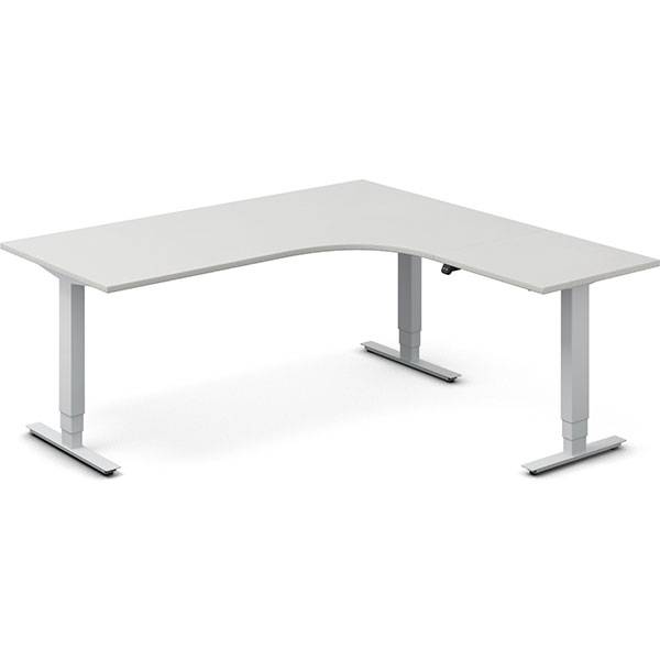 Office hæve-sænkebord 180x180cm i lys grå med alugråt stel højrevendt