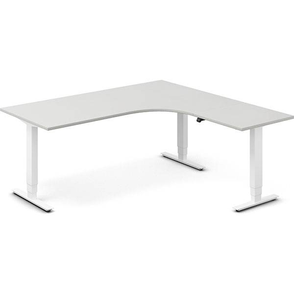 Office hæve-sænkebord 180x180cm i lys grå med hvidt stel højrevendt