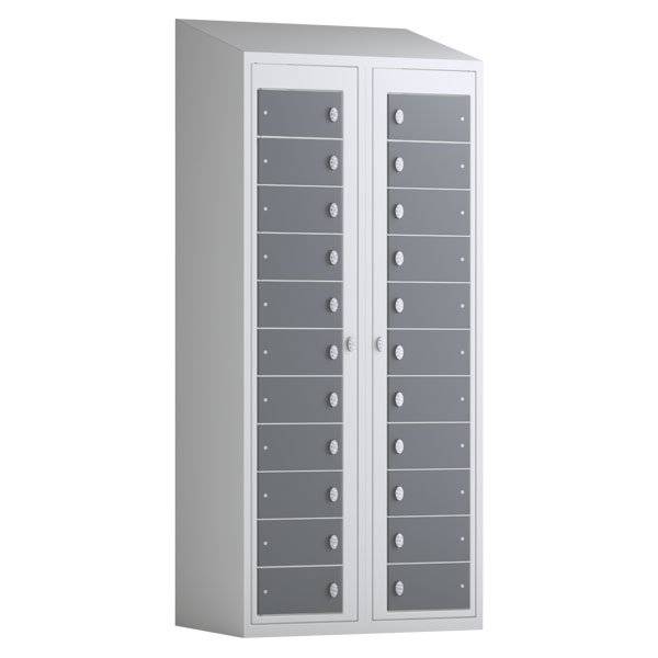 Tøjudleveringsskab 2x11 rum med greb til hængelås, med skråt tag og antracitgrå døre