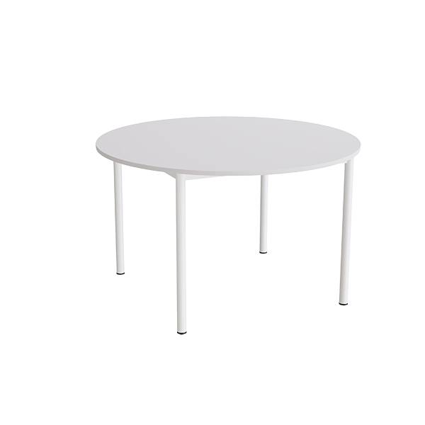 Kantinebord Ø120cm i grå højtrykslaminat med hvidt stel, højde 72cm