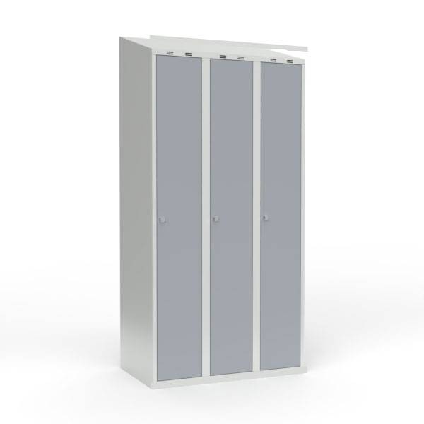 Skoleskab i stål med 3 rum, skråt tag og hængelås 90x55x190cm grå