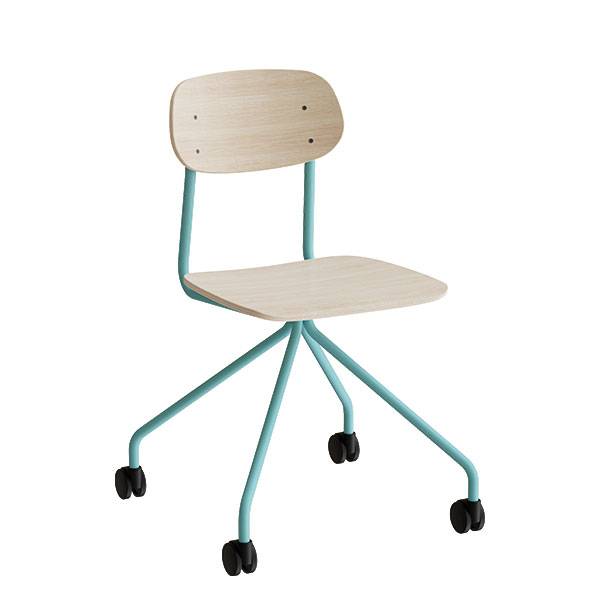 Atlas elevstol p&aring; hjul hvidpigmenteret egelaminat med turkis stel