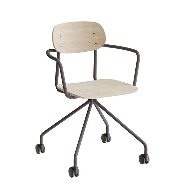 Atlas elevstol p&aring; hjul med arml&aelig;n hvid egelaminat med gr&aring;t stel