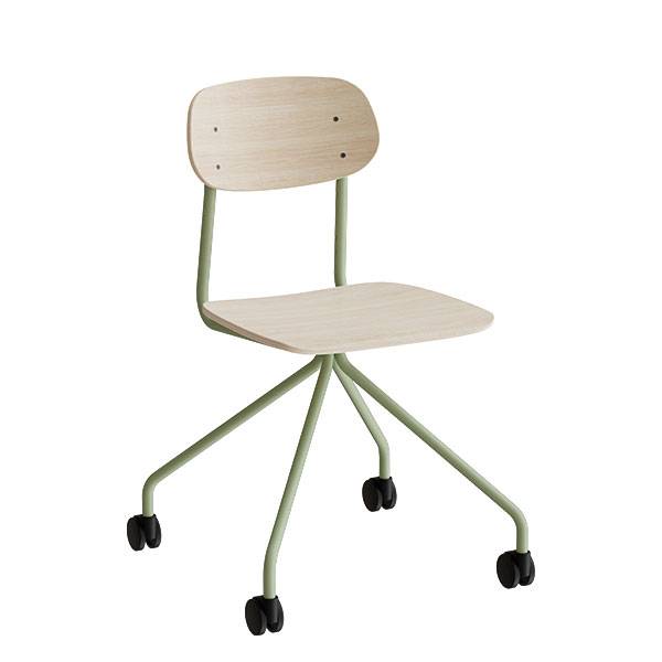 Atlas elevstol p&aring; hjul hvidpigmenteret egelaminat med gr&oslash;nt stel
