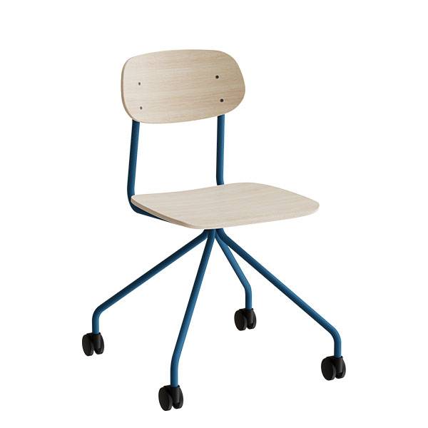 Atlas elevstol p&aring; hjul hvidpigmenteret egelaminat med bl&aring;t stel