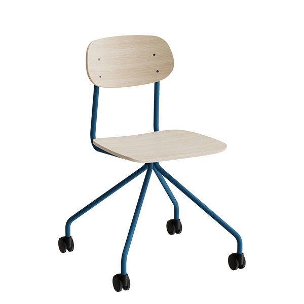 Atlas elevstol p&aring; hjul hvidpigmenteret egelaminat med bl&aring;t stel