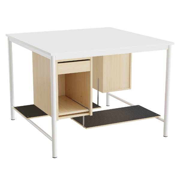 Sybord med fodplader 120x120cm hvid laminat med hvidt stel