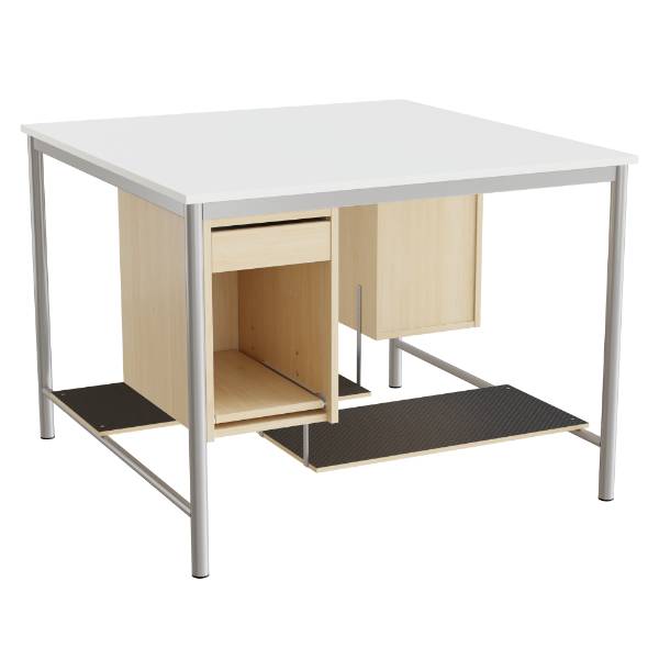 Sybord med fodplader 120x120cm hvid laminat med alugr&aring;t stel