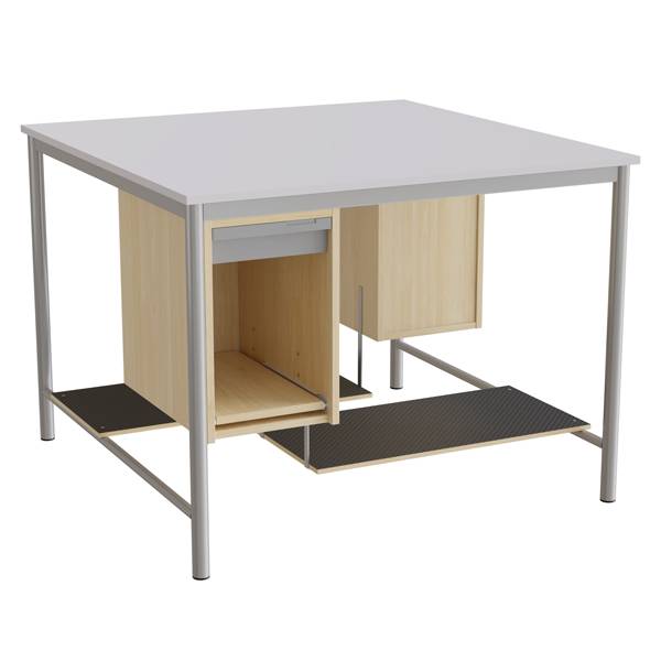 Sybord med fodplader 1200x1200mm grå laminat med alugråt stel
