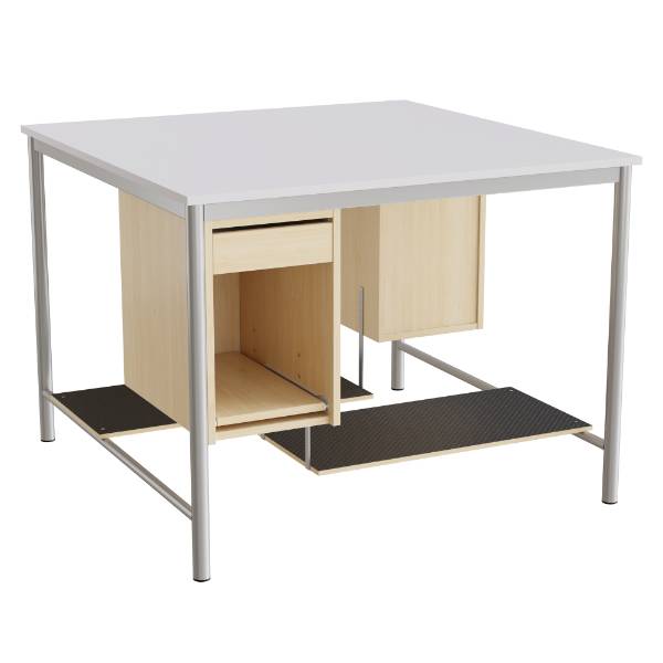 Sybord med fodplader 1200x1200mm grå laminat med alugråt stel