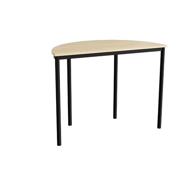 Halvrundt elevbord 120x60cm i lydd&aelig;mpende birk laminat med sort stel, h&oslash;jde 90cm