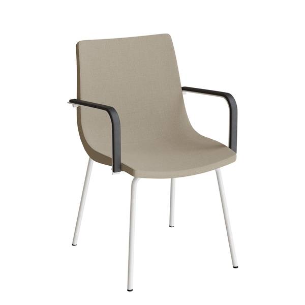 Konferencestol med arml&aelig;n, i beige tekstil med hvidt stel 
