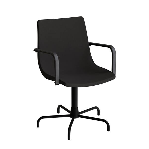Konferencestol med armlæn i sort tekstil, sort drejeligt stel og glidesko