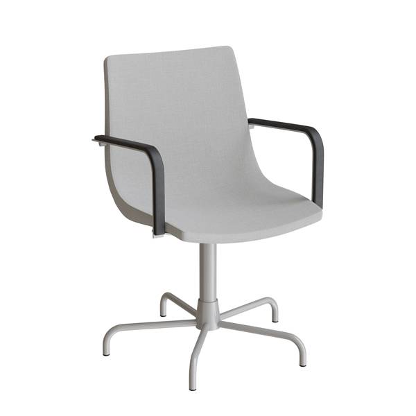 Konferencestol med armlæn i lys grå tekstil, alugråt drejeligt stel og glidesko