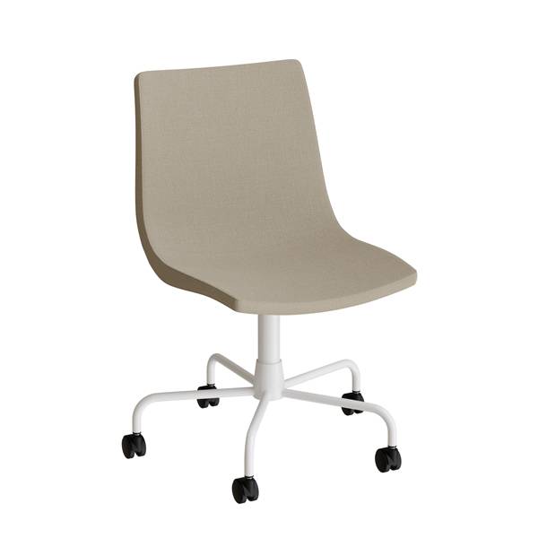 Konferencestol i beige tekstil med hvidt drejeligt stel og hjul